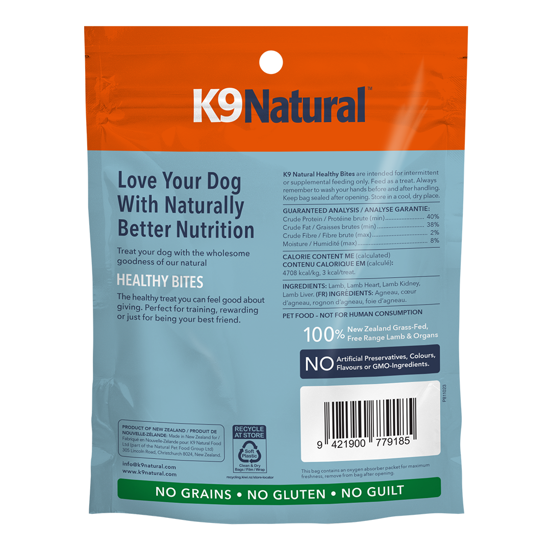 K9ナチュラル ラム・トリーツ 50g 裏面（パッケージ参考画像）