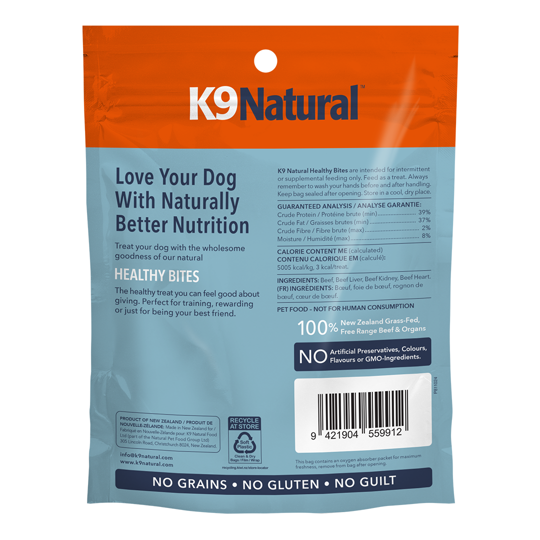 K9ナチュラル ビーフ・トリーツ 50g 裏面（パッケージ参考画像）